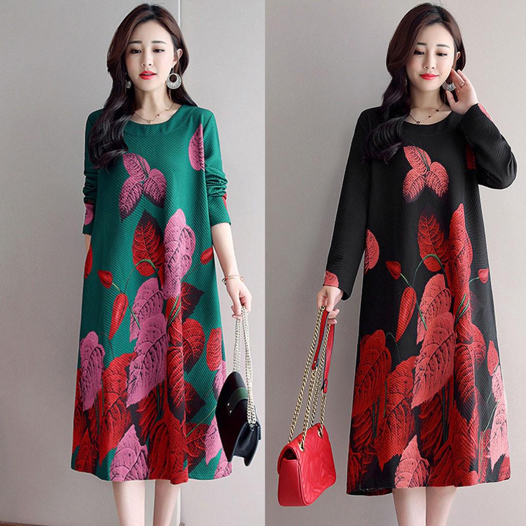 Women Dress Leisure Dress Women Ladies Fashion O-Neck Long Sleeve Loose Leisure Long Dress