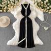 French Style Contrast Color V-neck Single-Breasted Sleeveless Dress Women Casual Knitted Stretch Waist Hugging Slimming Sheath Long Skirt