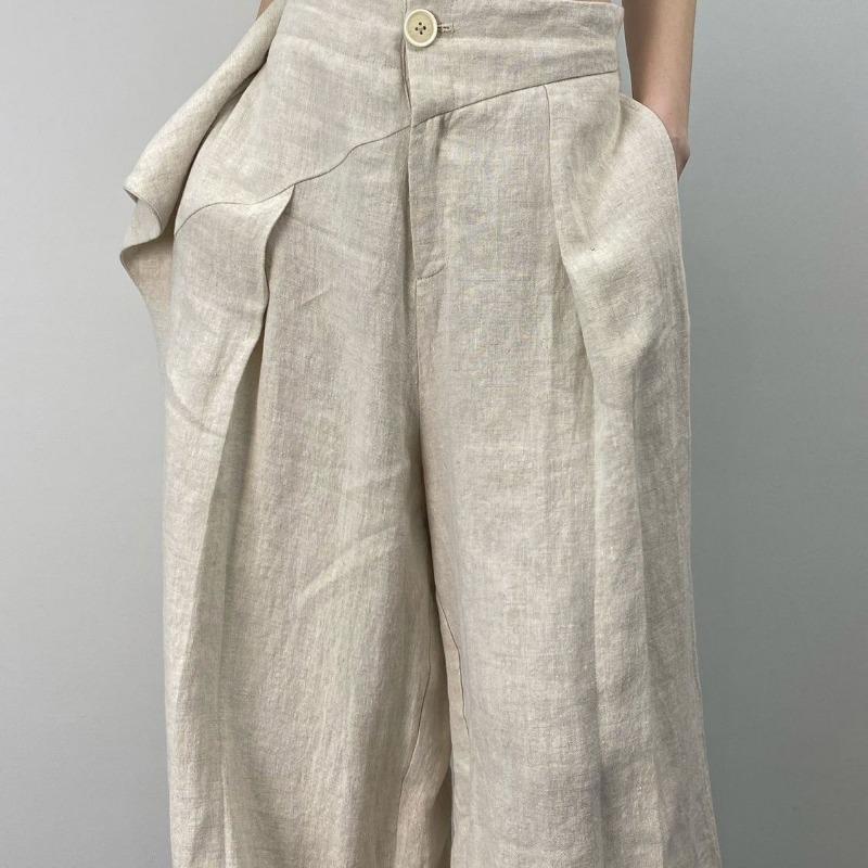 Spring and Autumn Women's Casual Pleated Wide Leg Pants Linen Texture Loose High Waist Trousers