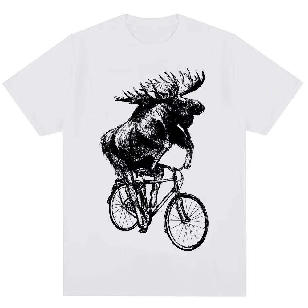Funny Moose on Bicycle Graphic T Shirt Men Women Vintage Harajuku Creativity T-shirts Oversized Cotton Casual T-shirt Streetwear S разноцветный