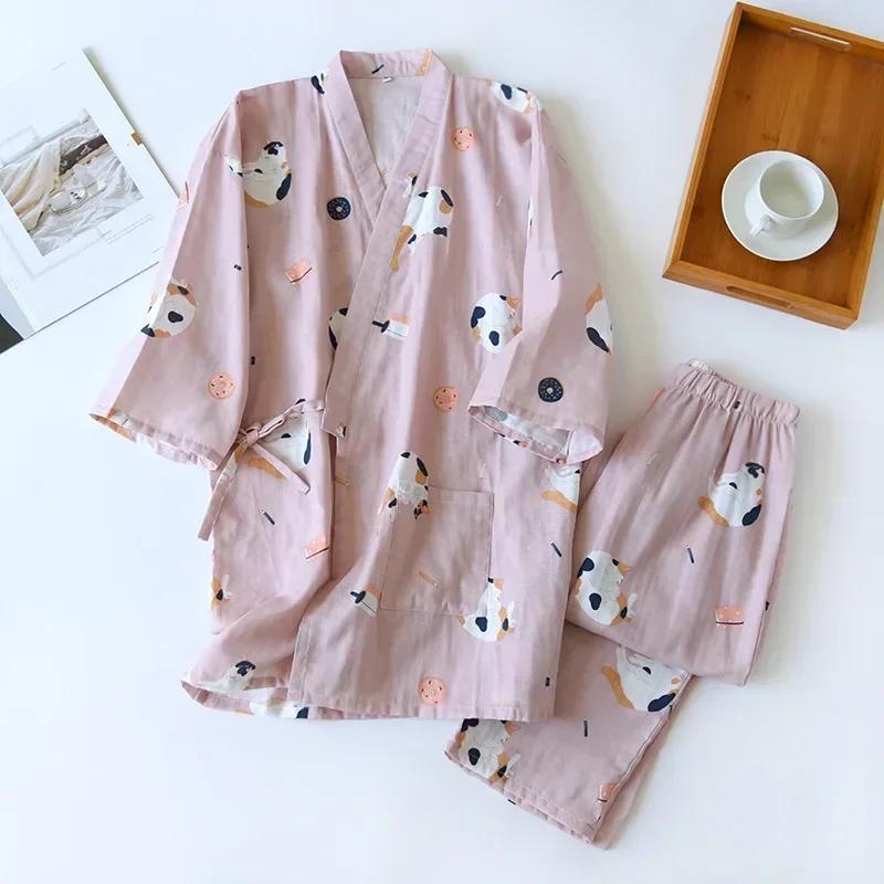 Yedi Kollu Kimono Pijama Seti Kadın İlkbahar ve Sonbahar %100 Pamuk Gazlı Bez Ev Giyim Şirin Tatlı
