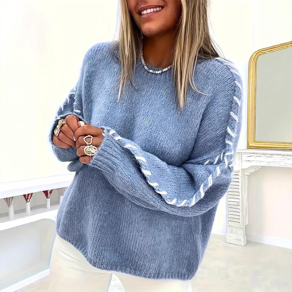 Women's Autumn/Winter Color Block Round Neck Pullover Top