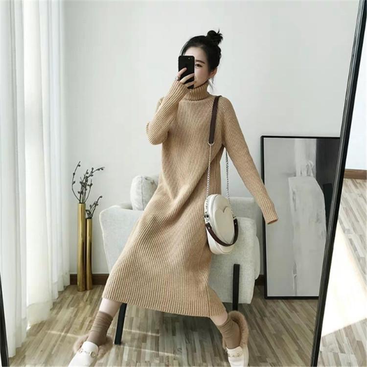 Vielseitiger knielanger verdickter Pulloverrock Damen Herbst und Winter Innenrollkragen gestricktes Unterhemd lockeres langes Kleid