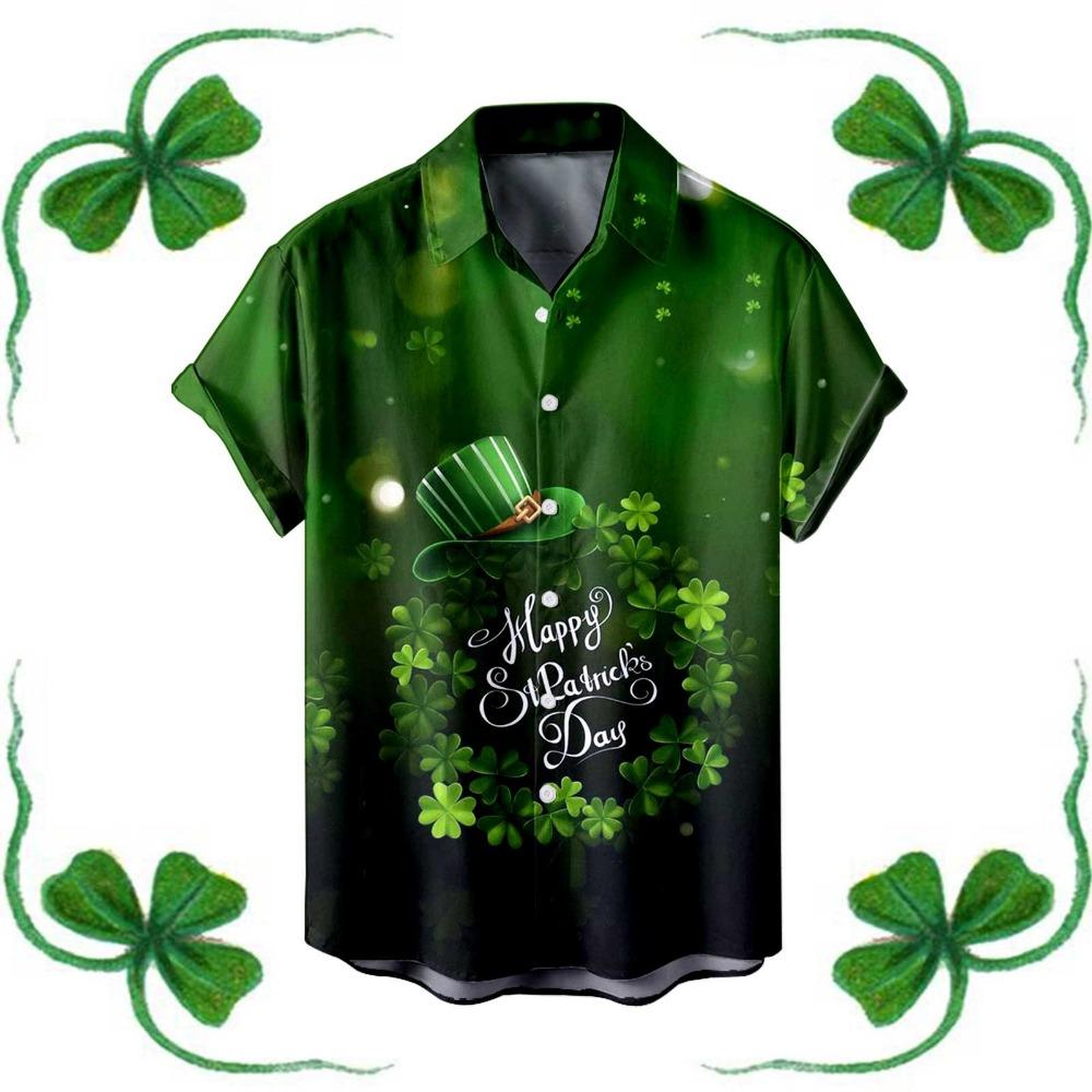 Saint Patrick Mens Shirt Festive Green Shamrock Print Lapel Short Sleeved Shirt Vintage Solid Shirts Cardigan Men's Blouses