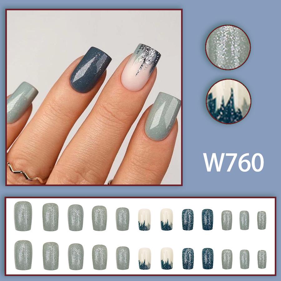 

24 шт. Расширенный сине-серый носимый нейл-арт: Европейский и американский стиль, средние-длинные квадратные ногти с отбеливающим маникюром