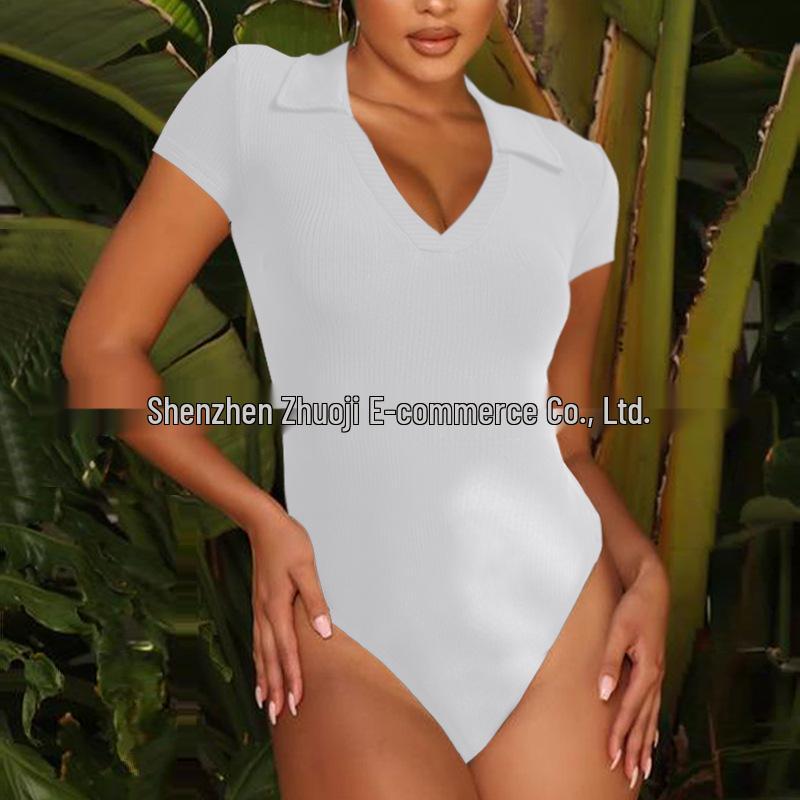 2025 Summer European & American Women's Cotton Ribbed Polo Neck Slim-Fit Short-Sleeve Jumpsuit