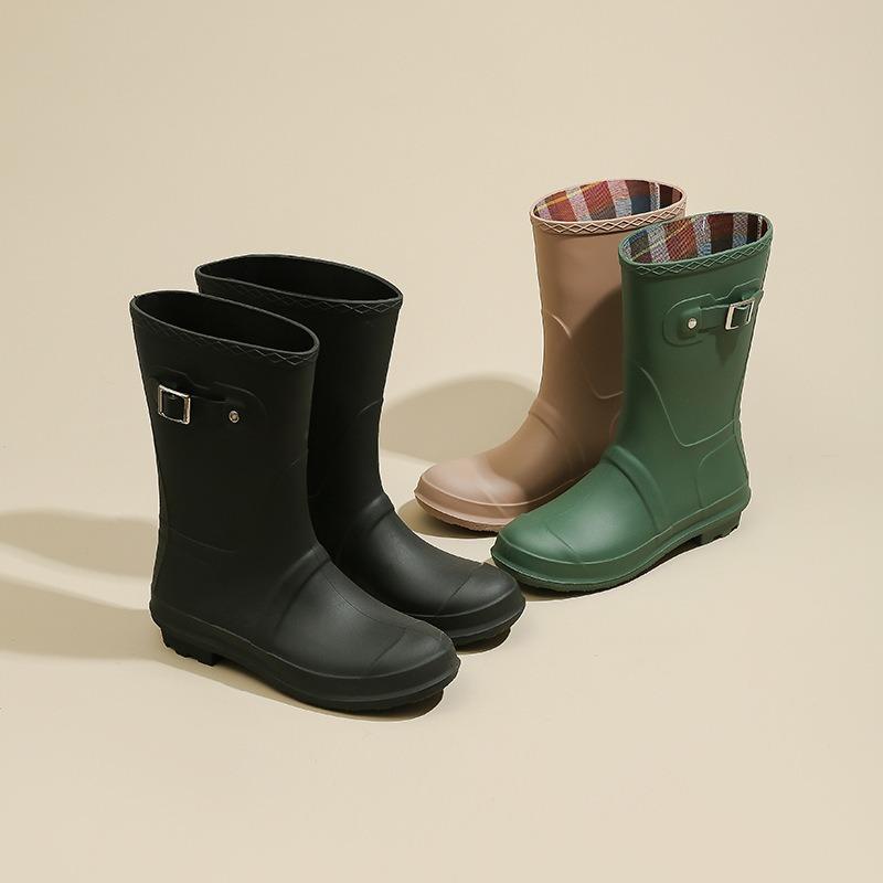 rain boots square buckle rain shoes women's medium tube women's adult fashion shoes high tube kitchen non-slip shoes work rubber shoes women