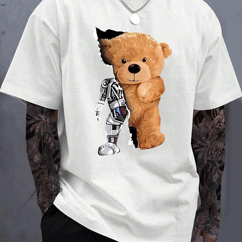 Men's 100% Pure Cotton Summer Loose Oversized Casual Mechanical Bear Pattern Printed Sports Round Neck Short Sleeved T-shirt Top