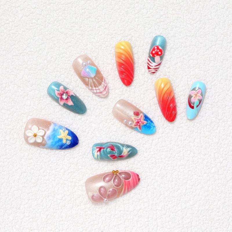 30-Piece Summer Ocean 3D Almond Nails: Starfish, Seashell & Flower Design - Pure Handmade Art