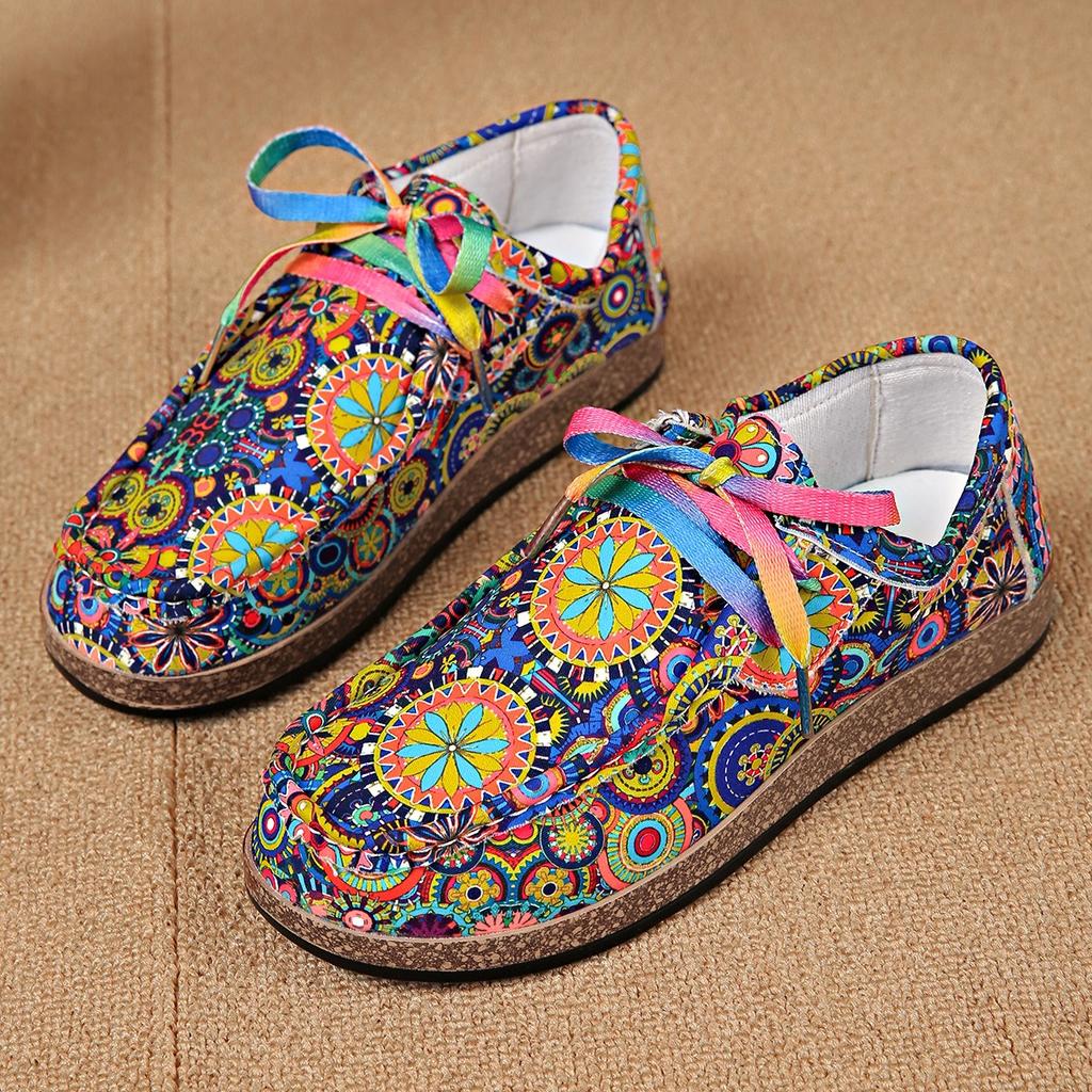 Spring Autumn Women's Cloth Shoes Ethnic Colorful Printed Canvas Shoes Female Fashion Flat Platform Casual Shoes Moc-Toe Loafers