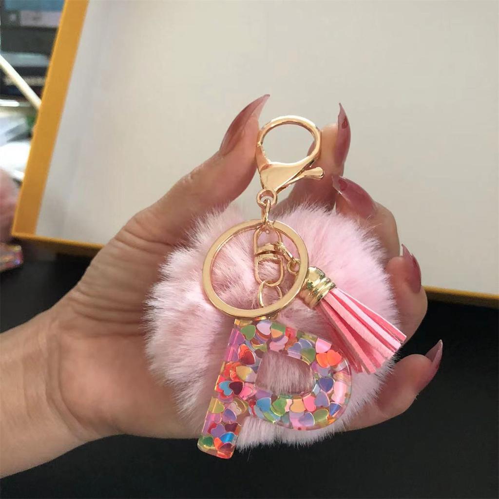 Trend Acrylic Pink Pompom Glitter 26 Initials Letter Keychain With Fluffy Resin Alphabet Charms Key Pendant Party Gift
