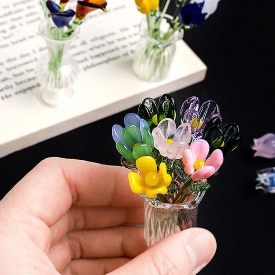 Mini Glass Flower Ornament Handmade Colored Glass Flower Miniature Collectible Tiny Flower Decoration for Table Centerpiece Bookshelves Micro