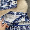 Blue & White Porcelain Print Camisole and High-Waist Midi Skirt Set for Women