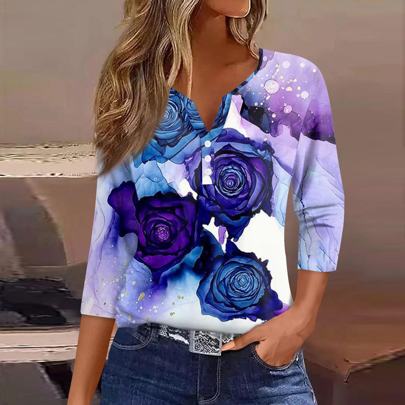 

Жіночий модний повсякденний жіночий топ з принтованим візерунком і три чверті з V-подібним вирізом XL фіолетовий