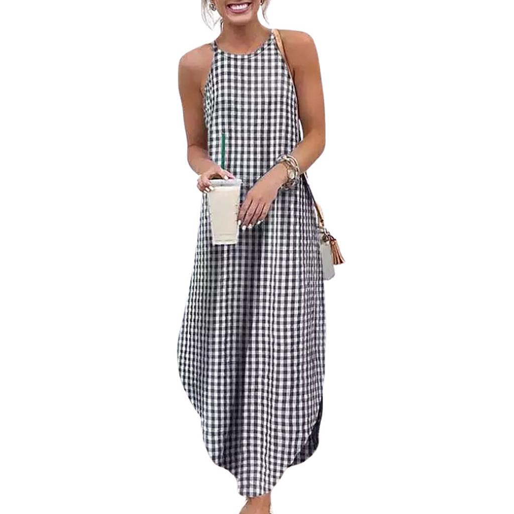 Women Casual Printed Round Neck Loose Long Dress Sleeveless Split Maxi Dress