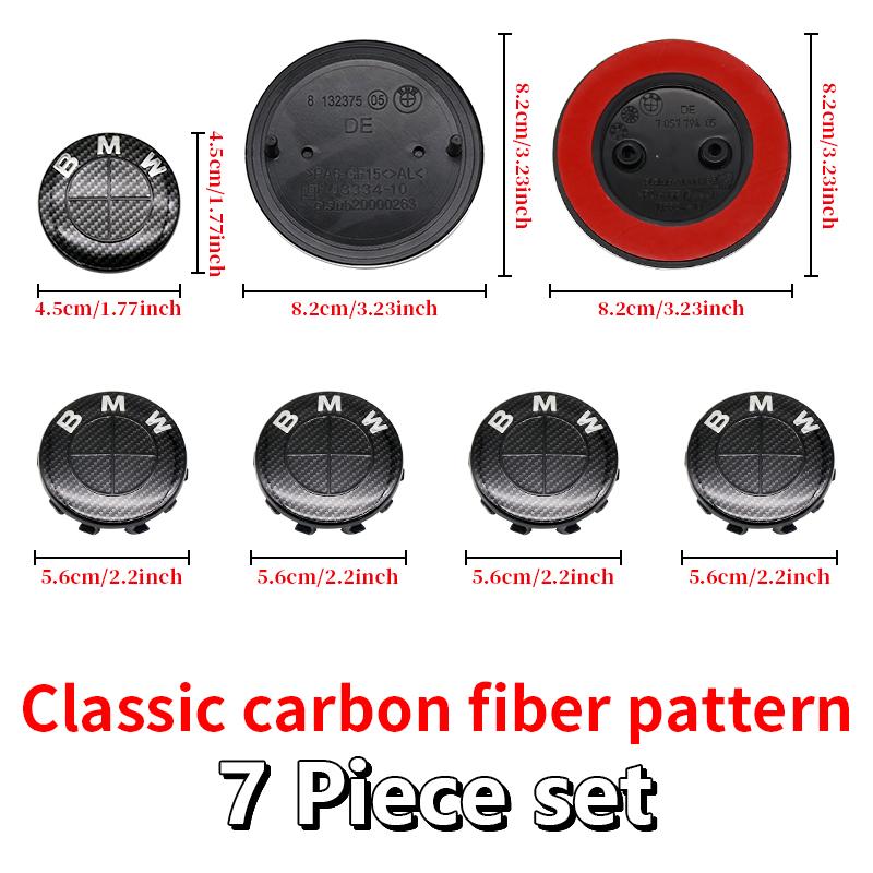For BMW E46 82mm Hood F10 74mm Trunk Emblem 7Pcs Full Black Carbon Fiber Badge Set E90 68mm Wheel F30 Steering G20 X5 M4 Auto