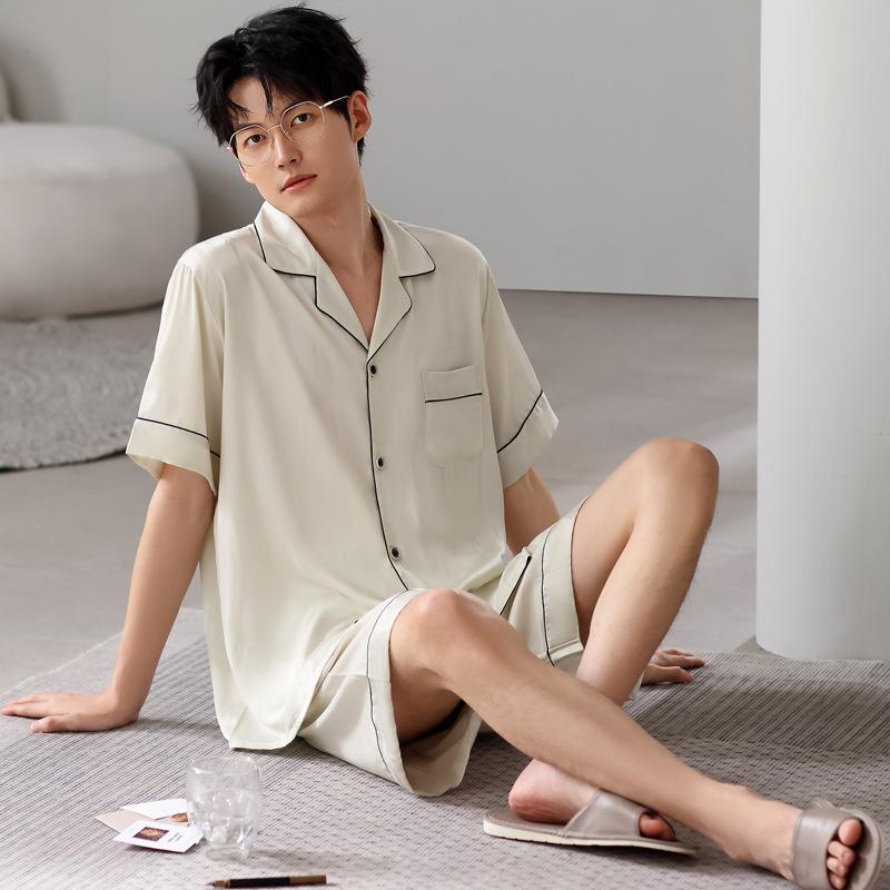 Sommer Eis Seide Pyjama Herren Revers Kurzarm Shorts Einfarbig Kühl Eis und Schnee Seide Sommer Klimatisierte Pyjamas