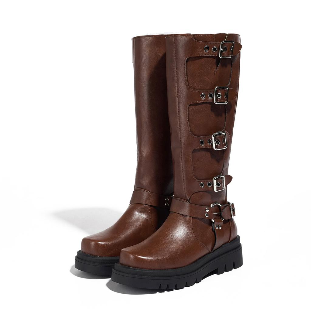 Autumn and Winter Outer Order Casual Low-heeled Knight Boots Large Size Belt Buckle High Knight Boots