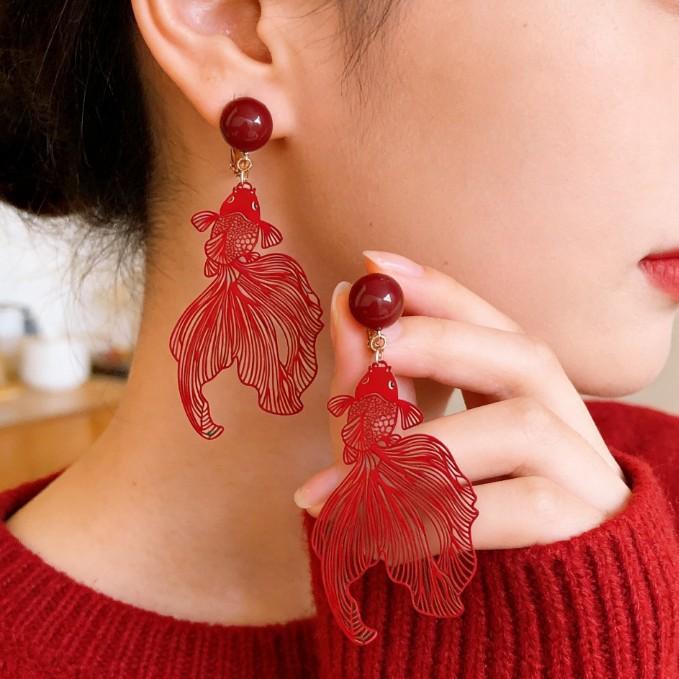 New Chinese Red Koi Ear Clips Without Ear Piercings, National Style, Festive And Exaggerated Earrings, Wedding Bride Earrings, Women