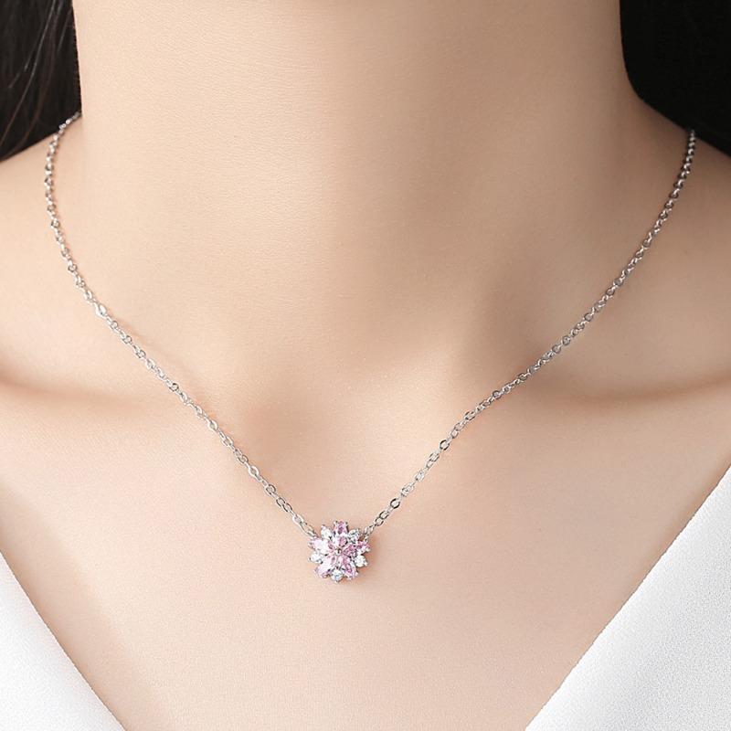 Korean Version Of Simple Temperament, Small Fresh Collarbone Chain, Fashion Creative Pink Cherry Blossom Necklace, Crystal Zircon Necklace