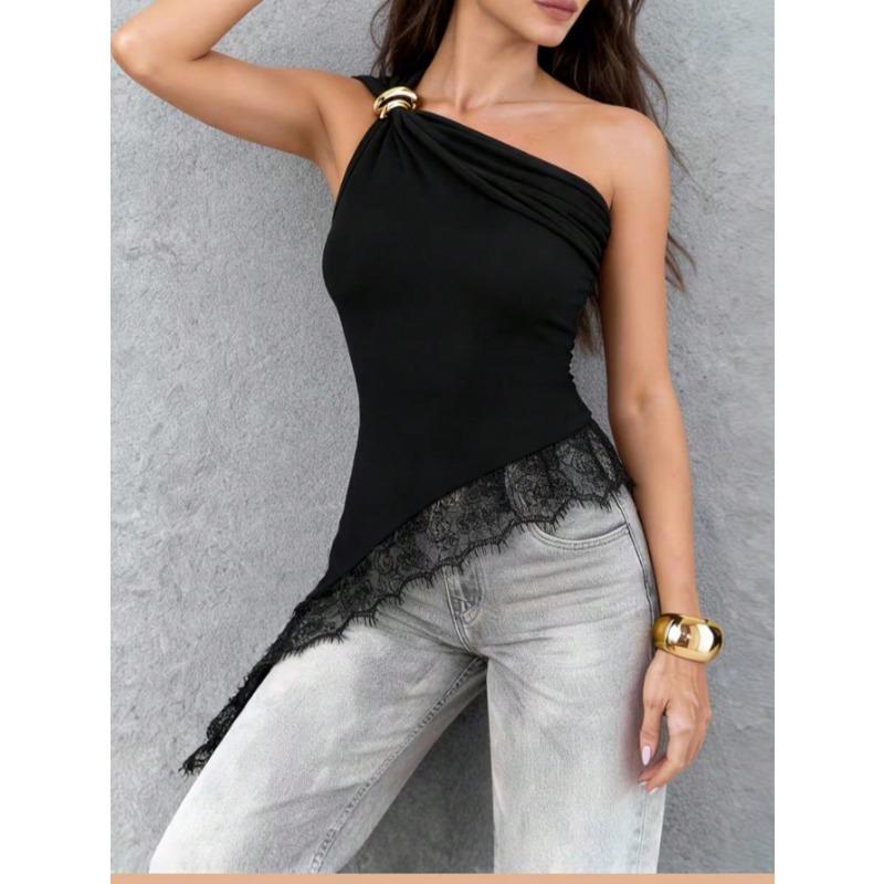 Women Solid Color One Shoulder Metal Buckle Lace Spliced Asymmetrical Hem Tank Top
