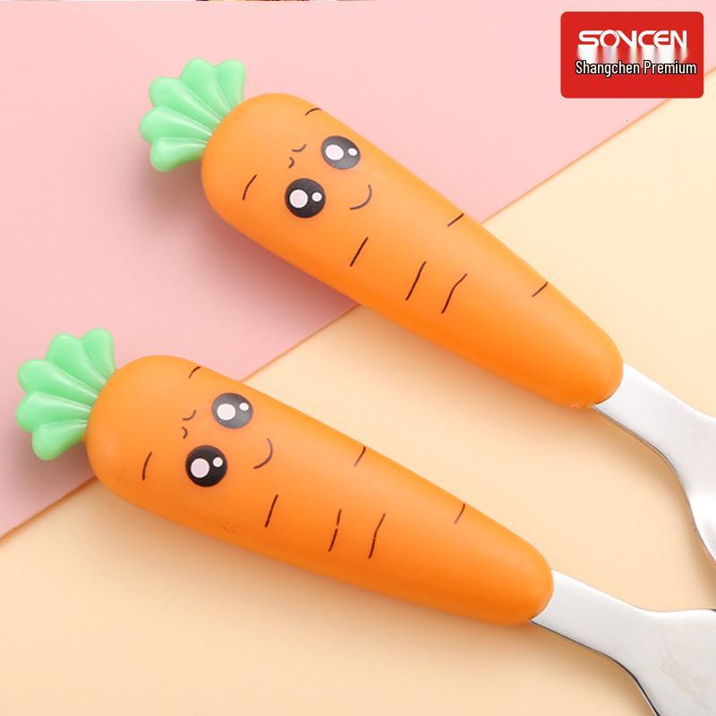 Carrot Cartoon Kids' Stainless Steel Cutlery Set: Spoon & Fork for Baby Food and Fruit Puree