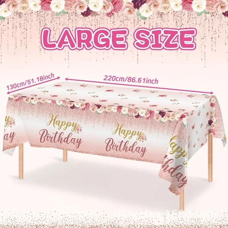 Rose Gold Birthday Tablecloth Pink Rose Flower Gold Happy Birthday Table Cover Happy Girls Princess Birthday Party Supplies