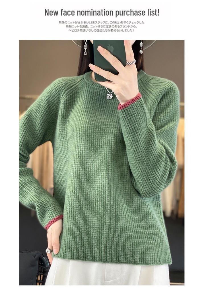 Women's Slim-Fit Color-Block Waffle Knit Wool Sweater - Stylish, Age-Reducing, Thickened Round Neck Base Layer Sweater, New Arrival