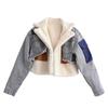 Stylish Velvet Lined Denim Patchwork Jacket - Women's Winter Lamb Wool Motorcycle Coat