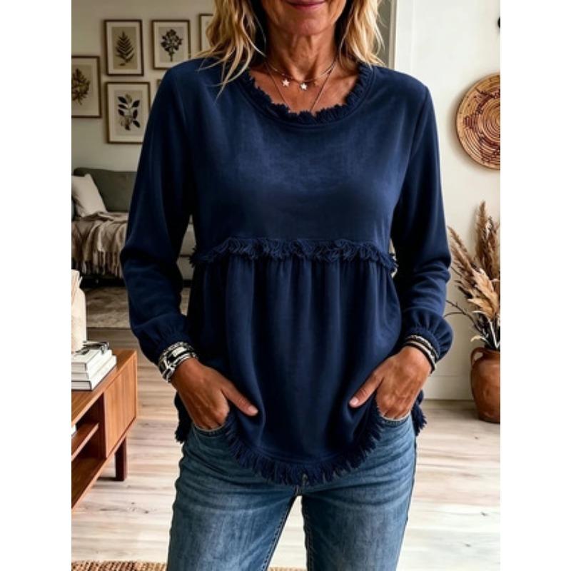 Women S Casual Loose Long Sleeve U Neck Lace Splicing Top