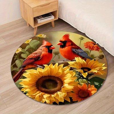 2D Flat, Not 3D]Comes with 2 Anti Slip mats.2D Flat, Not Comes with 2 Anti Slip matsGorgeous Red Bird and Sunflower Round Mat-