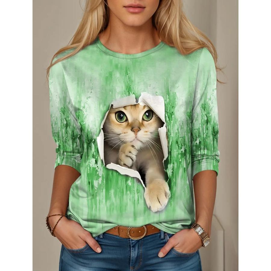 New Women's T Shirt 3D Print Kawaii Animal Graphics Long Sleeve Funny Crew Neck Regular Fit Spring/Fall Thin Style Sweatshirt