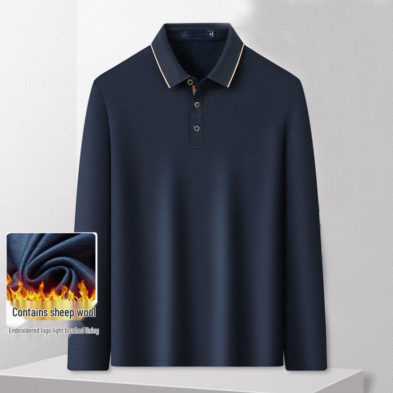 

Men s Wool-Blend Brushed Lining Long-Sleeve Polo - Warm Autumn/Winter Casual Shirt 3XL темно-синього кольору