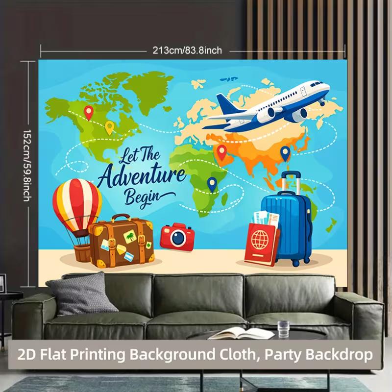 

2D Let The Adventure Begin Backdrop, 2D Flat World Map Background for Travel & Graduation Party Decoration 47.2x31.5inch/120*80cm