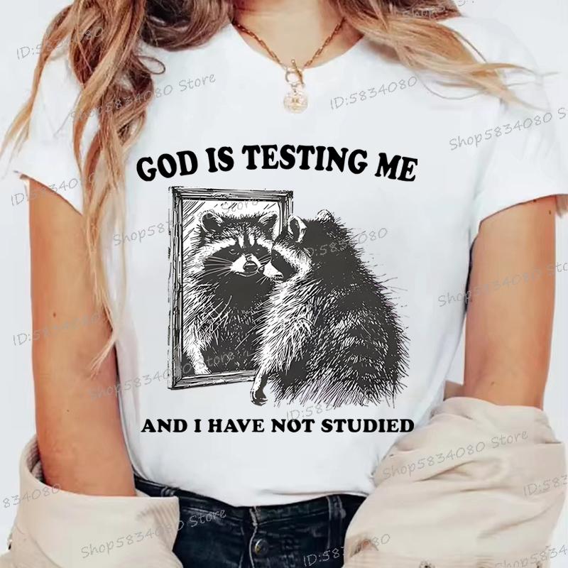 

God Is Testing Me Print Funny Raccoon Women T Shirt Street Casual Retro Raccoon Tshirts Round Neck Short Sleeve FeUnisex Tshirts S