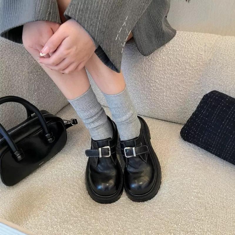 Cowhide version~ retro women's thick-soled heightened thick heel big head single shoes lazy buckle belt small leather shoes