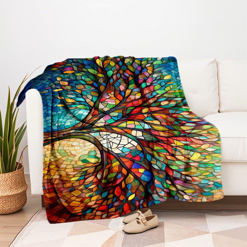 "Colorful Stained Glass Tree Wall Art Print"Blanket Flannel Throw Blanket for Sofa, Bed, Travel, Camping, Office, Couch, Chair, And Bed Gift