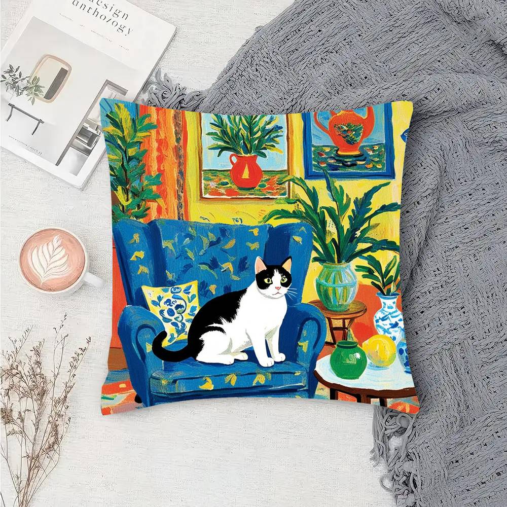 Matisse Monet Art Black Cat Animation Pillow Case Fashion Square Pillowcase Bedroom Sofa Room Ins Decoration Leisure