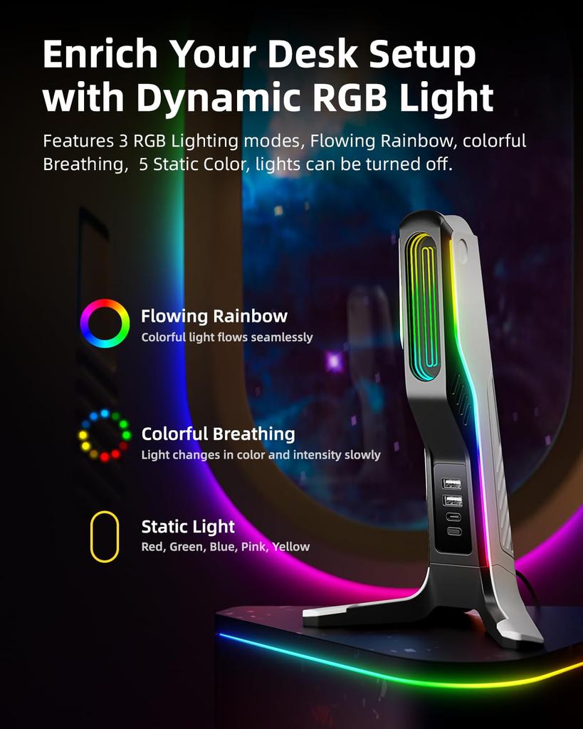 Soporte para Auriculares Gaming RGB IFYOO con 2 Puertos USB y 1 Soporte para Auriculares Gaming para PC Xbox Xbox Series Soporte para Auriculares Escritorio Gamer Negro Blanco Tipo-C