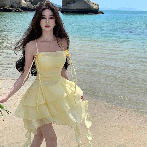 2026 Sweet Girl Yellow Irregular Halter Mini Skirt for Summer Beach Vacation