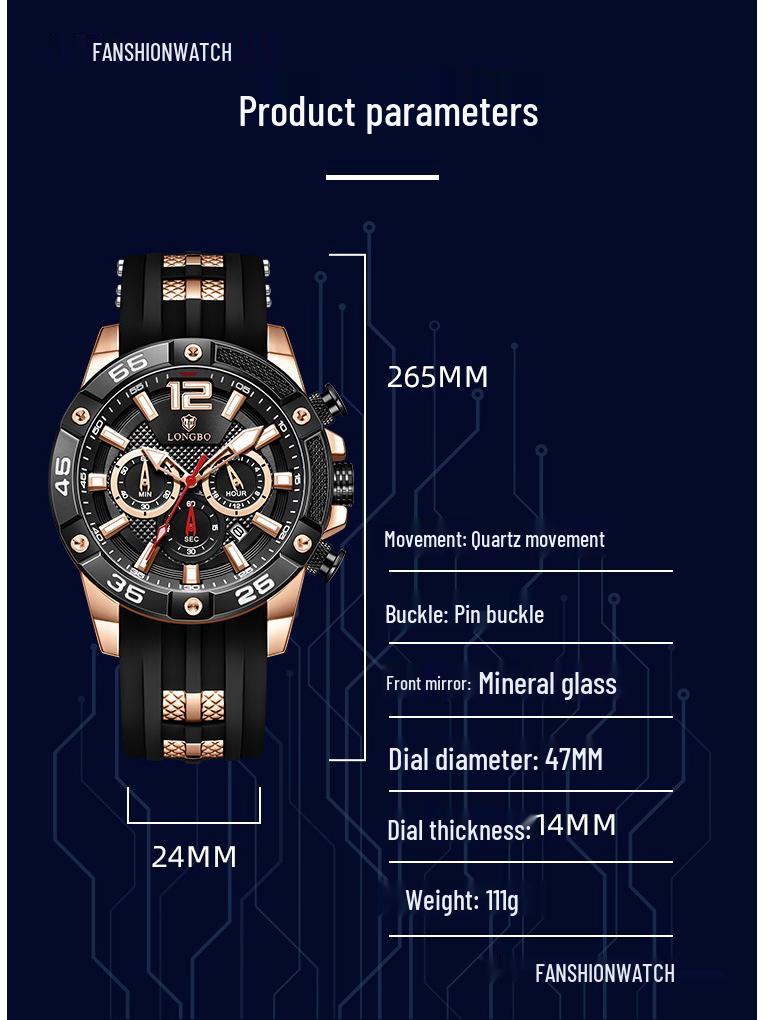 LONGBO Multifunktionale Herren-Sport-Quarzuhr - Wasserdicht, Leuchtend, mit Kalender und Silikonarmband