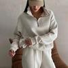 Women Solid Color Long Sleeve Stand Collar Hoodies Suit Autumn Winter Loose Top Wide Leg Pants