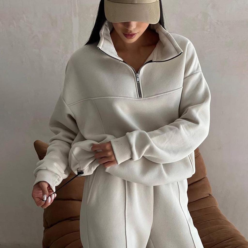 Women Solid Color Long Sleeve Stand Collar Hoodies Suit Autumn Winter Loose Top Wide Leg Pants