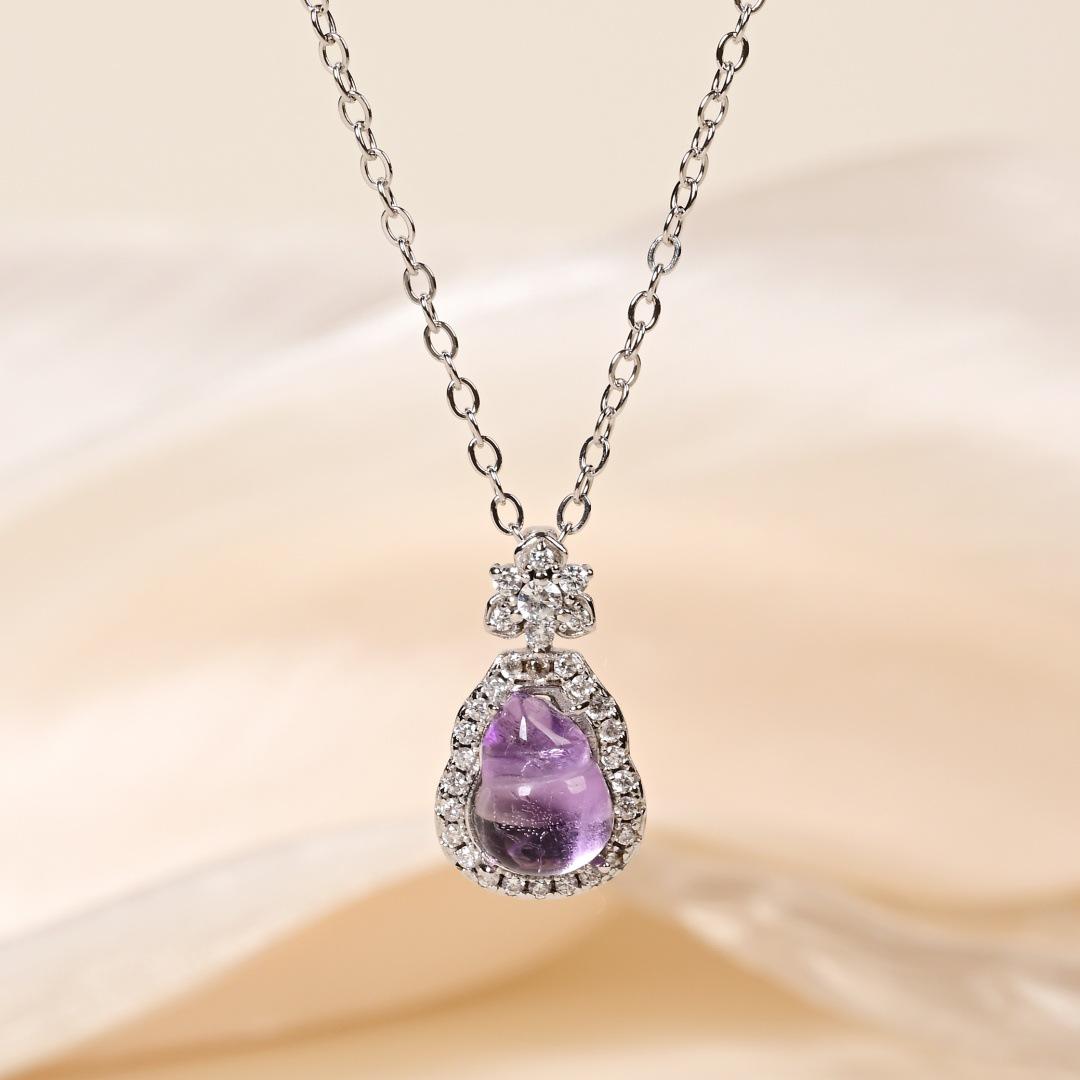 

Sterling Silver Amethyst Gourd Pendant Necklace - Versatile and Elegant Clavicle Chain, Style X124. 925 Silver