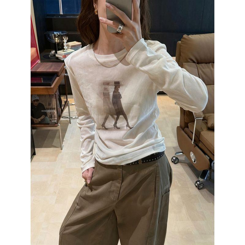 Plus-Size Korean Women's Early Autumn New Style T-Shirt with Portrait Print, Round Neck, Long Sleeves, Versatile, Casual, Slimming Top