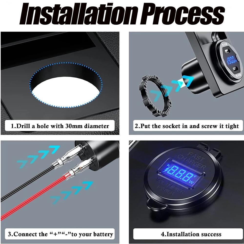65 W PD-Autoladegerät, 12 V, 24 V, USB-Steckdose, Laptop, Motorrad, USB-C, PD, QC 3.0, USB-Anschluss, wasserdicht, mit Netzschalter für Wohnmobil