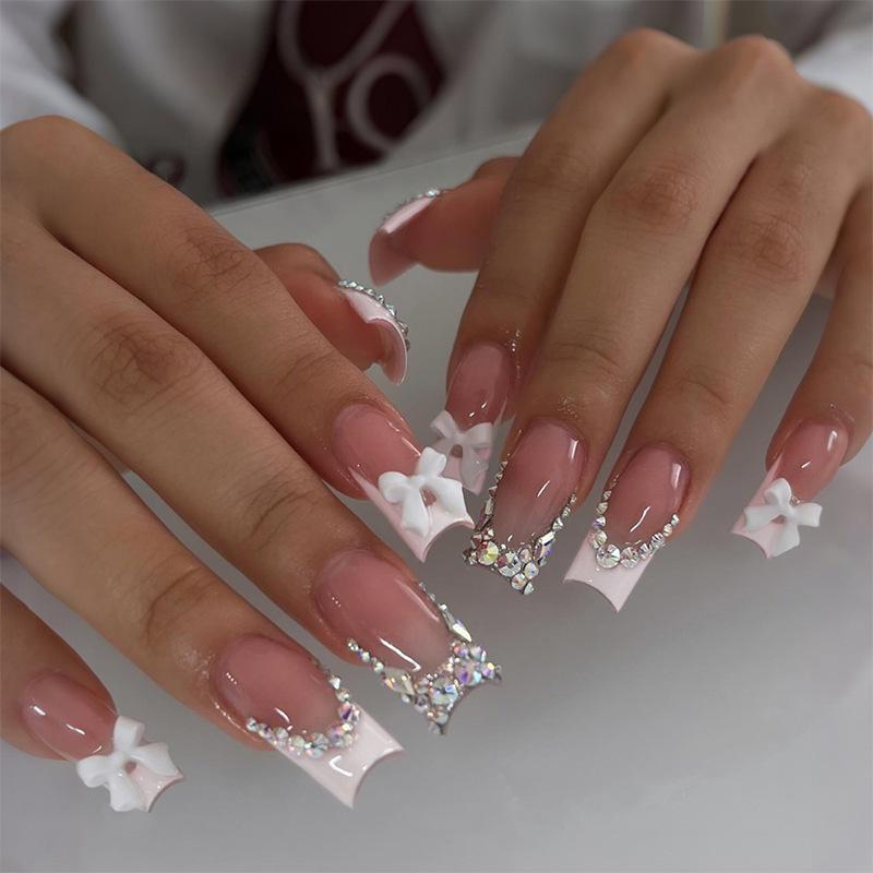 

Cross-border Flash Diamond Bow Handmade Long Wearable Nail Pieces