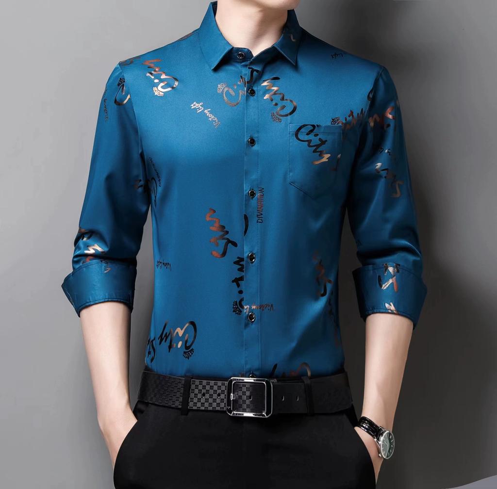 Men's Long Sleeved Casual Shirt Spring and Autumn Fashion Korean Version Slim Fit Shirt Men's Printed Letter Top