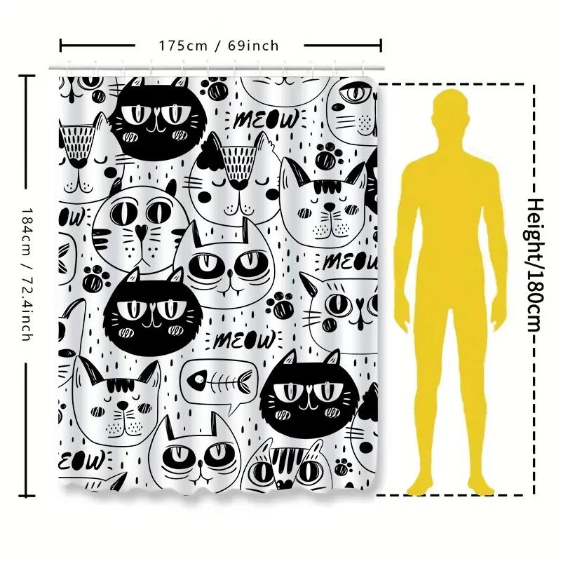 Black White Cat Shower Curtain Bathroom Decor for Kitten Lovers Modern Art Print Fabric Waterproof Shower Panel Liner