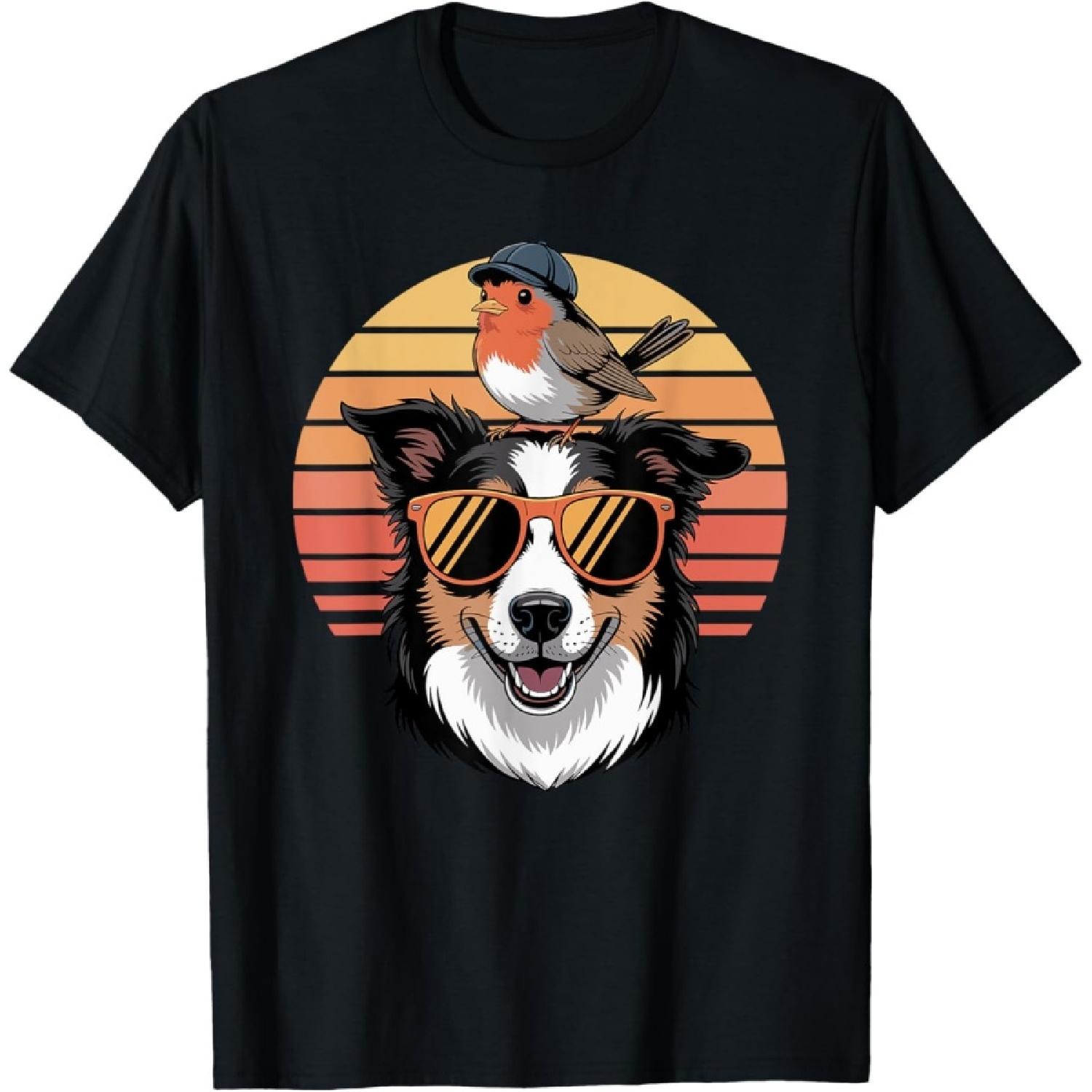 Retro Sunset Border Collie American Robin T-Shirt S
